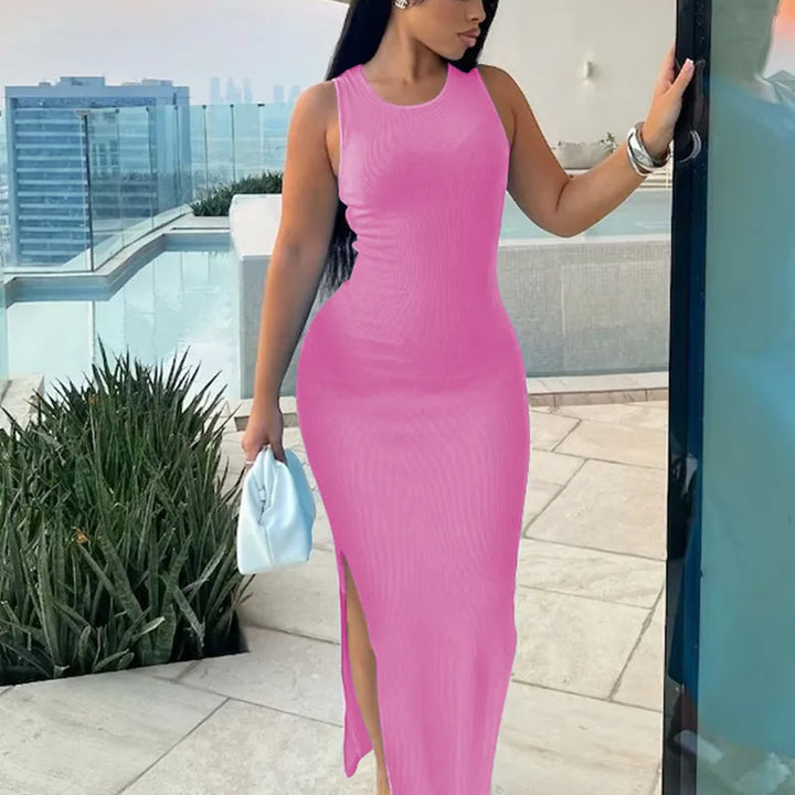 Summer Women's Fashion Purple Round Neck Slim Fit Split Dress Sexy Women's Sleeveless High Waist Beach Dress Vestidos S-3XL