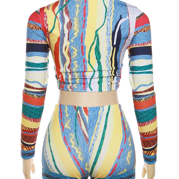 Nibber Colorful Printing Two Piece Set Women Autumn O-neck Full Sleeve Crop Tops + Matched Slim Shorts Female Outfit Street Suit