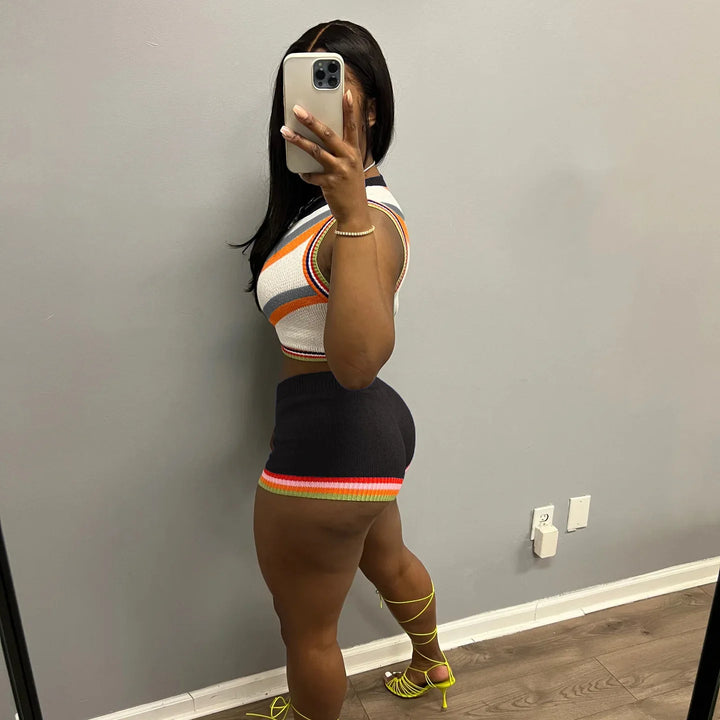 CM.YAYA Knit Ribbed Fashion Women's Set Striped Tank Top and Shorts Suit 2023 Summer Chic Two 2 Piece Set Outfit Tracksuit