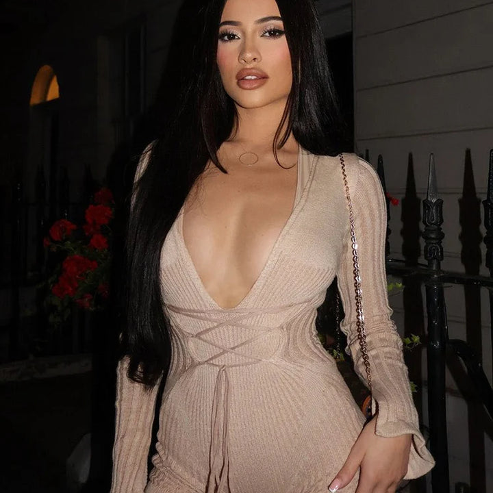 Nibber Crochet Bandage Playsuits Women Low-Neck Contrast Striped Patchwork Long Sleeve Autumn Fit Trend Vacation Skinny Romper