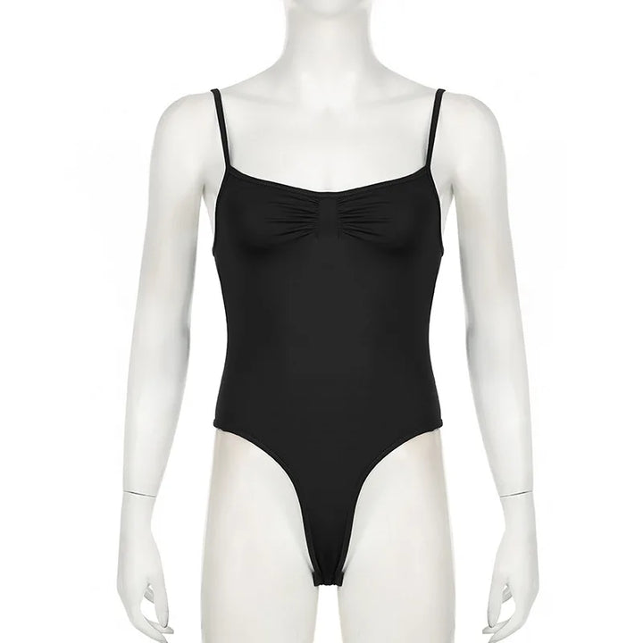 Sweetown Women's Sleeveless Skinny Shirring Bodysuit Spaghetti Strap Black Solid Simple Basic Sexy Camisole for Vacation