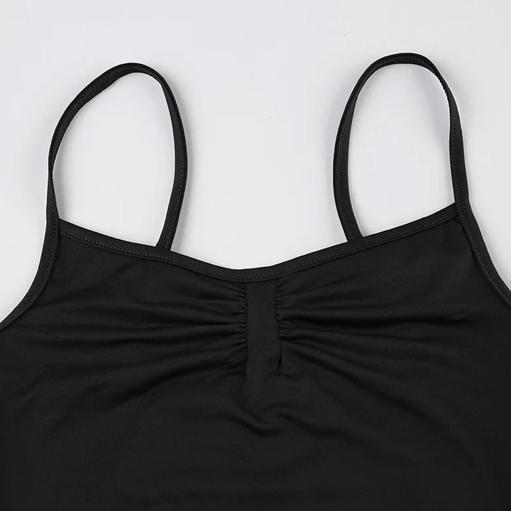 Sweetown Women's Sleeveless Skinny Shirring Bodysuit Spaghetti Strap Black Solid Simple Basic Sexy Camisole for Vacation