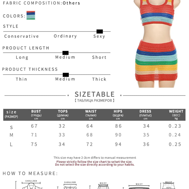 Sisterlinda Colorful Knit Casual 2 Piece Set Women Sleeveless Skinny Stretch Midriff Tank Top+Mini Hip Skirt Matching Streetwear