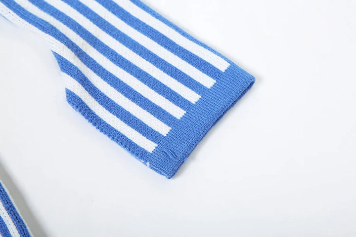 Nibber Crochet Bandage Playsuits Women Low-Neck Contrast Striped Patchwork Long Sleeve Autumn Fit Trend Vacation Skinny Romper