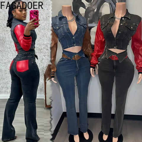 FAGADOER Retro Quality Denim Women 2 Piece Set Outfit Trendy Leather Denim Patchwork Crop Jacket And High Waist Jeans Suits New