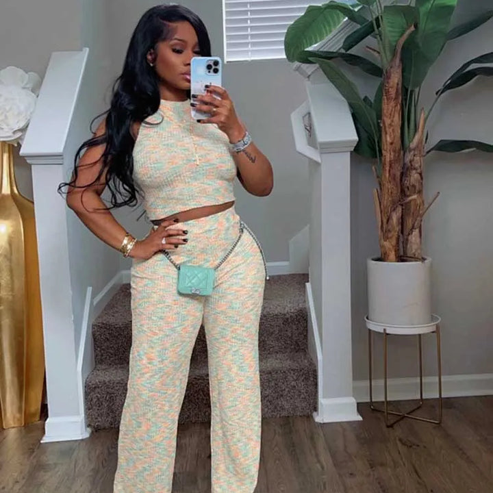 2 Piece Sets Womens Outfits Elegant Stretchy Knitted Summer Suit Sexy Sleeveless Top and Pant Suit Wholesale Dropshipping