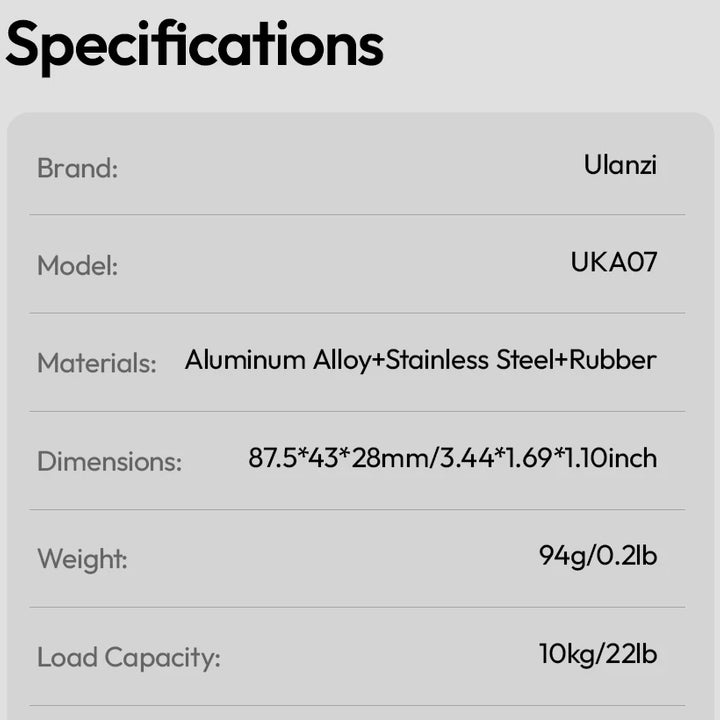 Ulanzi UKA07 Uka Quick-Release Kit for Backpack Hassle-Free Hanging 10KG Load Suit for Arca-Swiss & F38 Quick Release System