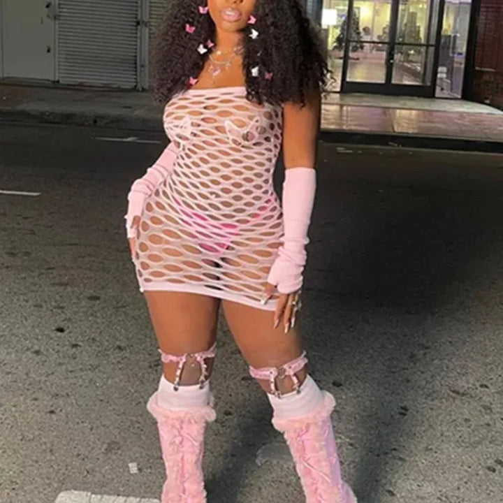 Night Club Erotic Costumes New Fashion Women's Mini Bodycon Dress Erotic Perspective Fishing Net Tight Lingerie Sleepwear