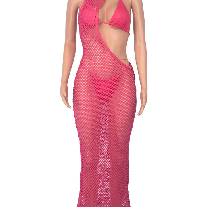 New Women's Classic Clothes Sexy 3 Piece Set Sexy Fishing Net Halter One Shoulder Dress and Bikini Set Beach Dress