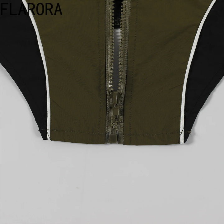 FLARORA Fashion Patchwork 2Pcs Sets Woman Long Sleeve Zipper Irregular Crop Jacket And Skinny Mini Skirts Streetwear Outfits New