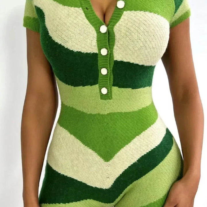 Laxsesu Irregular Contrast Romper Women Knit Stretch Polo Neck Single-Breasted Shorts Sleeve Skinny Slim Playsuits Streetwear