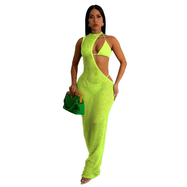 New Women's Classic Clothes Sexy 3 Piece Set Sexy Fishing Net Halter One Shoulder Dress and Bikini Set Beach Dress