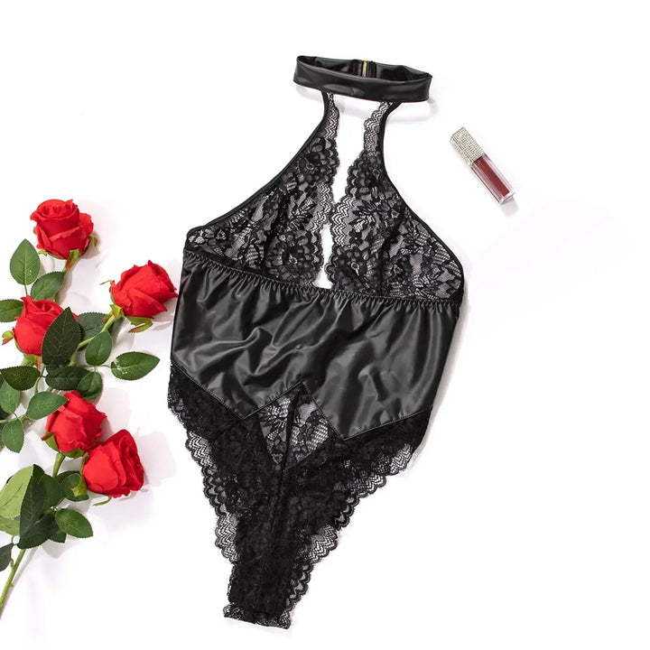 Skinny Bodycon Body Suit Women Sexy Black PU Latex Leather Halter Lace Backless Romper Lingerie Underwear Teddies