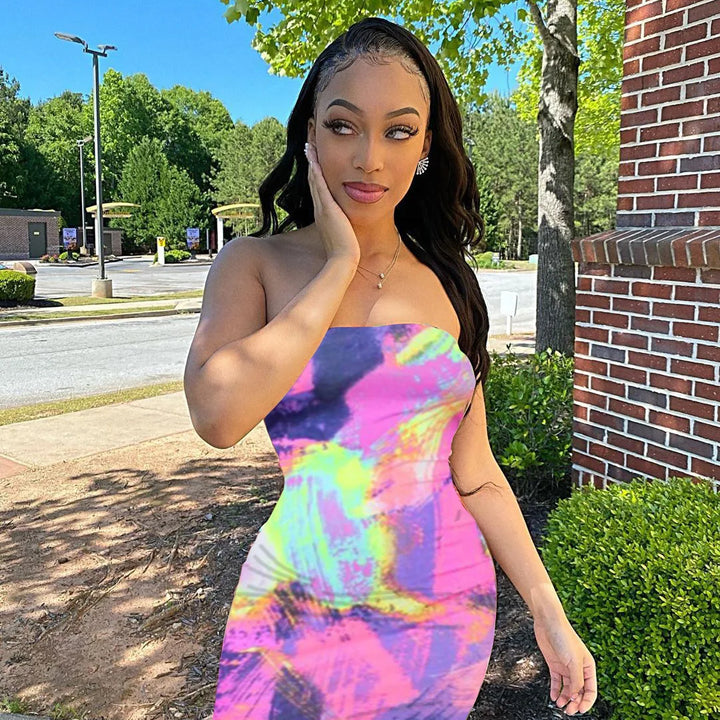 Spring/Summer Women's Colorful Tie Dye Print Off Shoulder Wrapped Chest Dress