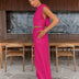 Spring Summer 2025 Women Holiday Linen Pant Set Crop Tops Solid Outfits 2 Two Piece Matching Set For Women