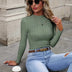 Spring New Round Neck Long sleeved Women's Sexy Spicy Girl Slim Fit Hollow Versatile Tight T-shirt Green Top