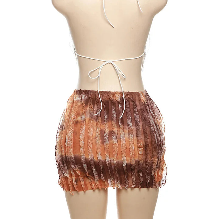 kliou Stacked Ruched 2 Piece Set Women Solid Halter Bandage Irregulary Camis+Tie Dye Vintage Mini Skirts Female Sexy Attirewear