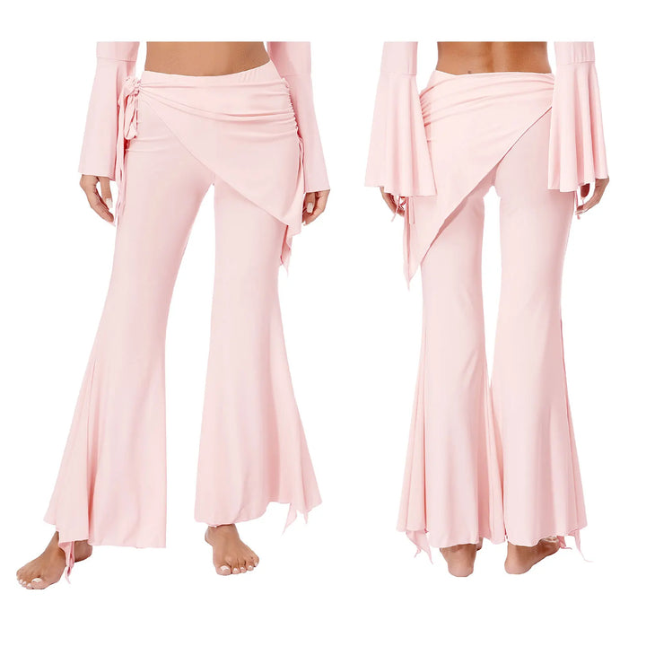 Womens Split Flared Belly Dance Pants Halloween Carnival Costume Solid Color Pants Lace-Up Skirted Pants