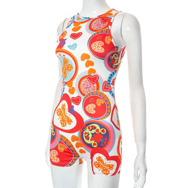 BKLD One Pieces Clothes For Women 2024 Summer New Streetwear Fashion Printed Sleeveless Open Back Bodysuit Shorts Romper