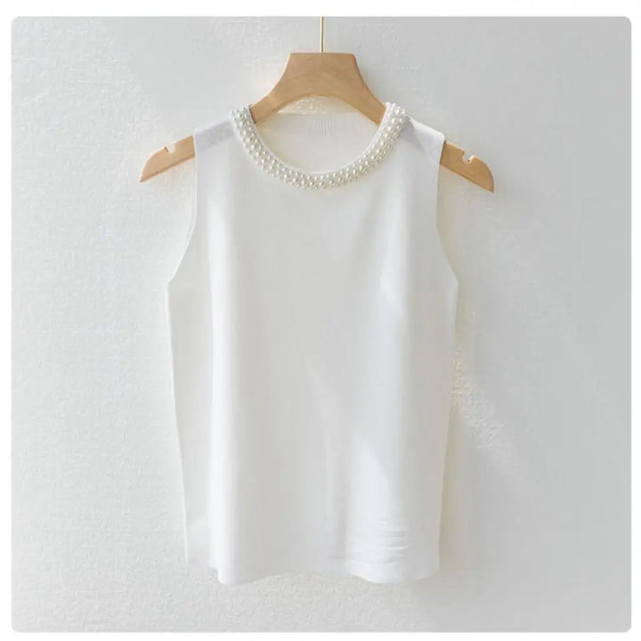 Knitted Vests Women Korean Top Solid Tank Blusas Mujer De Moda Summer New Fashion Female Sleeveless Beading Casunal Thin Tops