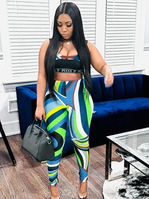 STYLISH LADY Contrast Color Letter Printed 2 Piece Set Women Crop Top and Skinny Pant Suits 2025 Summer Sexy Club Street Outfits