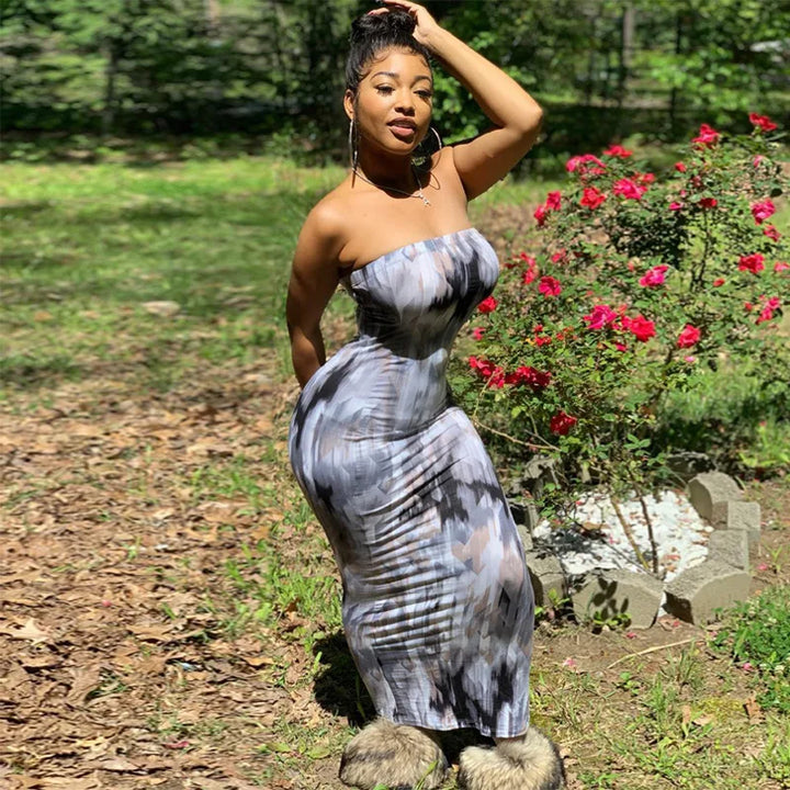 Spring And Summer Dresses For Women Chest Wrap Printed Off Shoulder Bandage Slim Sexy Long Dress 2023 New Fashion party MsChuh