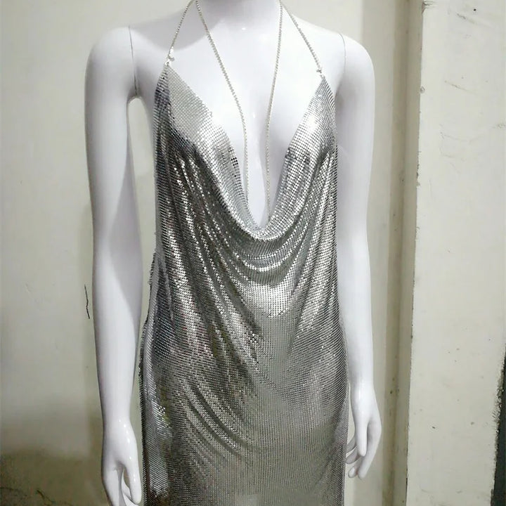 Travel Dress for Women Sexy Metal Beautiful Girl Birthday Party Dresses Nigh Club Take Photos Clothing Slit Halter Neck Vestidos