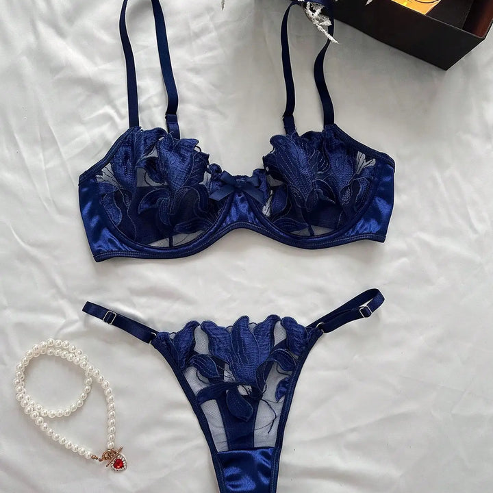 2024 Floral Embroidery Sexy Lingerie Set Women Thin Transparent Bralette Lace Push Up Bra Panty 2 Piece Sensual Lingerie Woman S