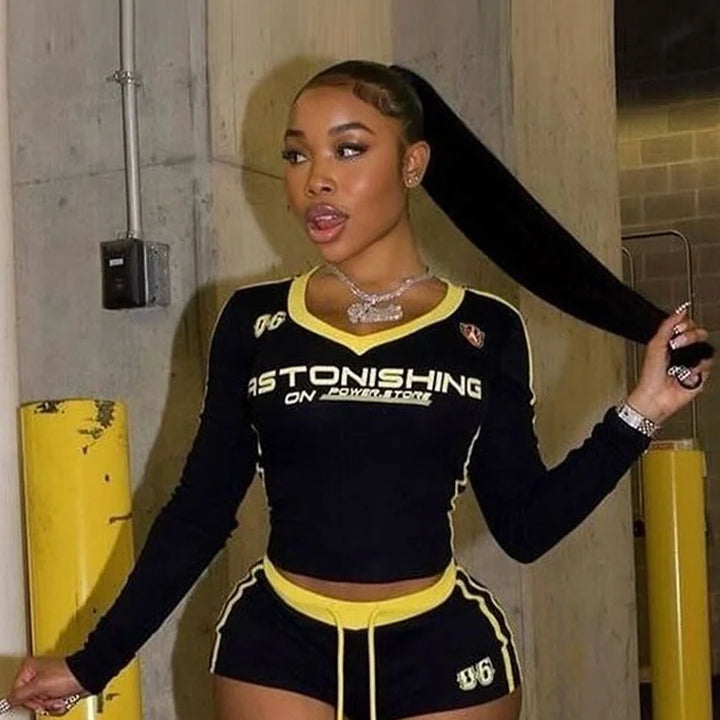 Nibber Women Tracksuit 2 Piece Set Stroke Tight Hipster Letter Print Sporty Casual Crop Tops+Shorts Vitality Matching Outfits