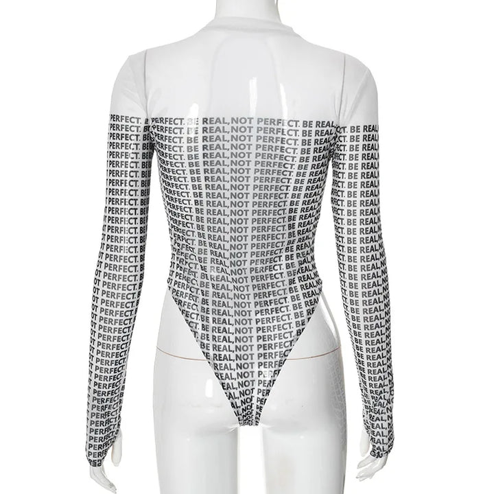 Letter Printed Mesh Transparent Women Panelled Newspaper Long Sleeve Round Neck T-Shirts