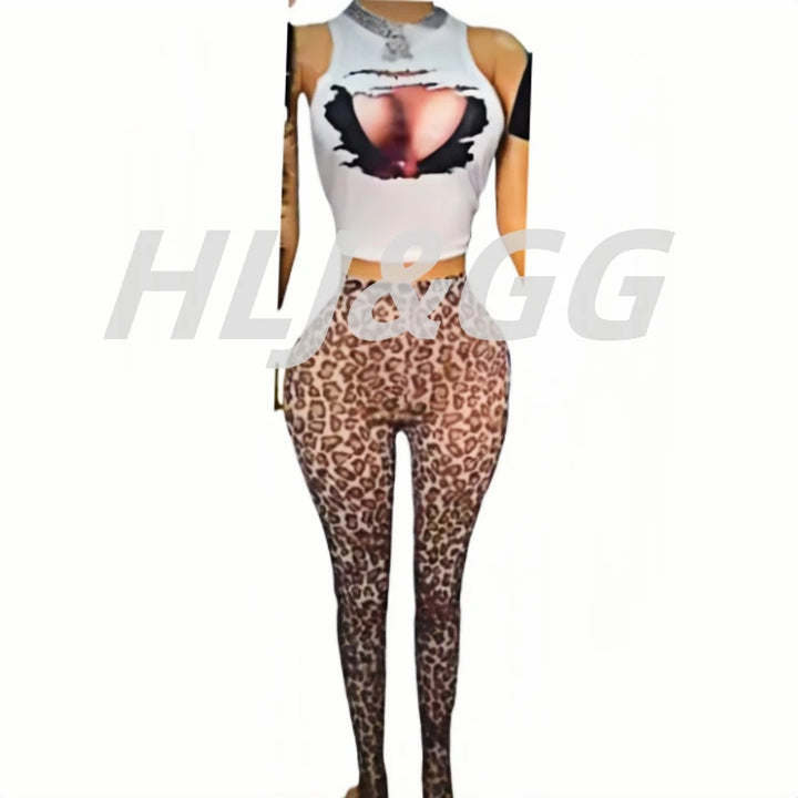 HLJ&GG Fashion Y2K Letter Printing Crop Top Two Piece Sets Women Round Neck Short Sleeve Tshirts And Leopard Pants Outfits 2025