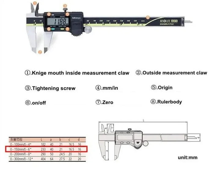 Mitutoyo  LCD Digital Caliper 150/200/300mm 500-197-20 Vernier Calipers 8in Electronic Measuring Stainless Steel Caliper Digital