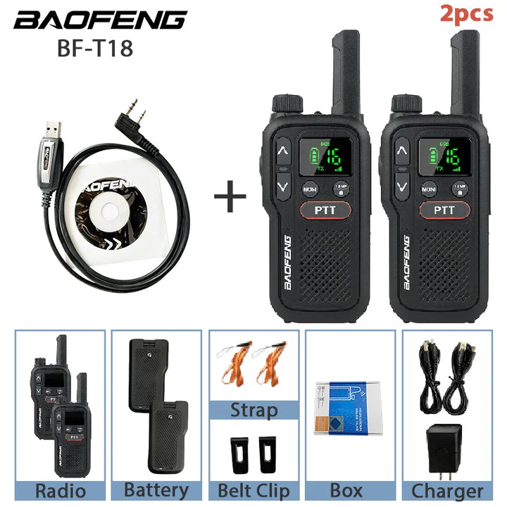 BF-T18 Baofeng Mini Walkie Talkie UHF 400-470MHz USB Charge Portable Two Way Radio 2 PTT Button 16 Channels Long Range Ham Radio