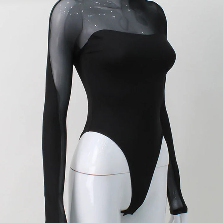 Huhugirl Mesh See Through Skinny Sexy Bodysuits Women Fashion Patchwork Long Sleeve Sheath Rompers Female Jumpsuits Tops Tees