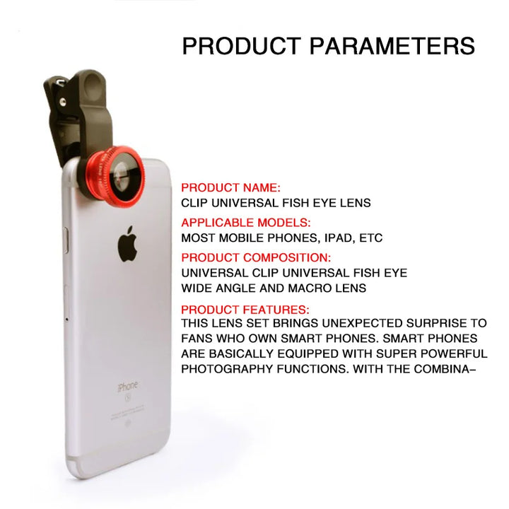 3 in 1 Fisheye Wide Angle Micro Camera Lens for iPhone 0.67X Wide Angle Zoom Fish Eye Len on Smartphone Lenses with Phone Clip