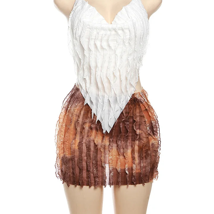 kliou Stacked Ruched 2 Piece Set Women Solid Halter Bandage Irregulary Camis+Tie Dye Vintage Mini Skirts Female Sexy Attirewear