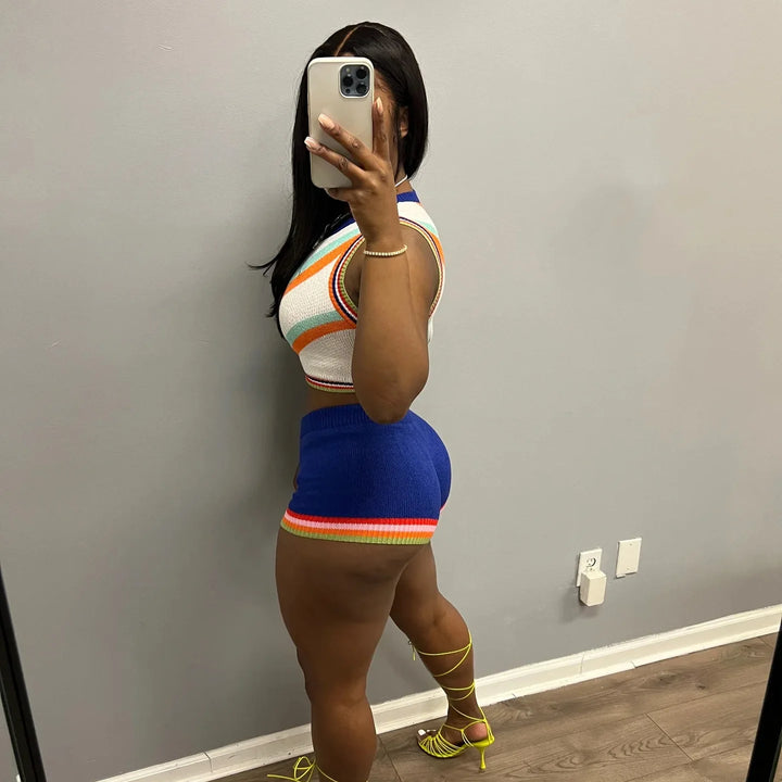 CM.YAYA Knit Ribbed Fashion Women's Set Striped Tank Top and Shorts Suit 2023 Summer Chic Two 2 Piece Set Outfit Tracksuit