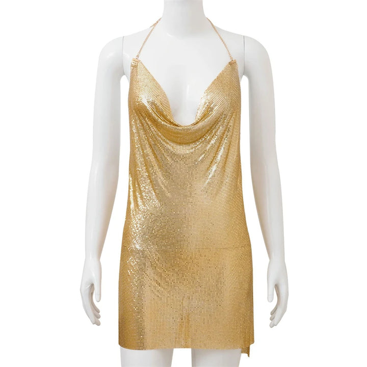 Sexy Silver Sequin Mini Dress For Women Accessories Sleeveless Metal Body Chain Party Dress Women Backless Split Evening Vestido