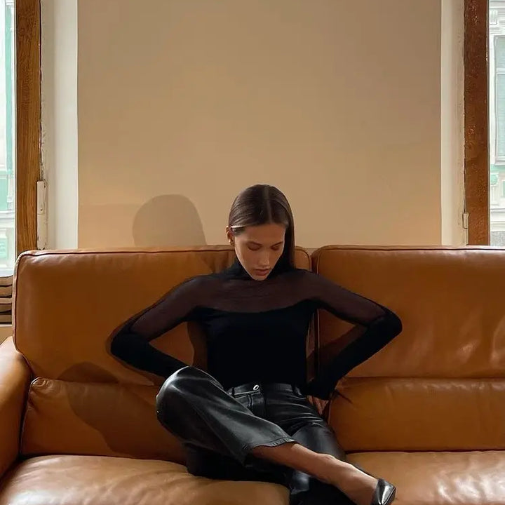 Huhugirl Mesh See Through Skinny Sexy Bodysuits Women Fashion Patchwork Long Sleeve Sheath Rompers Female Jumpsuits Tops Tees