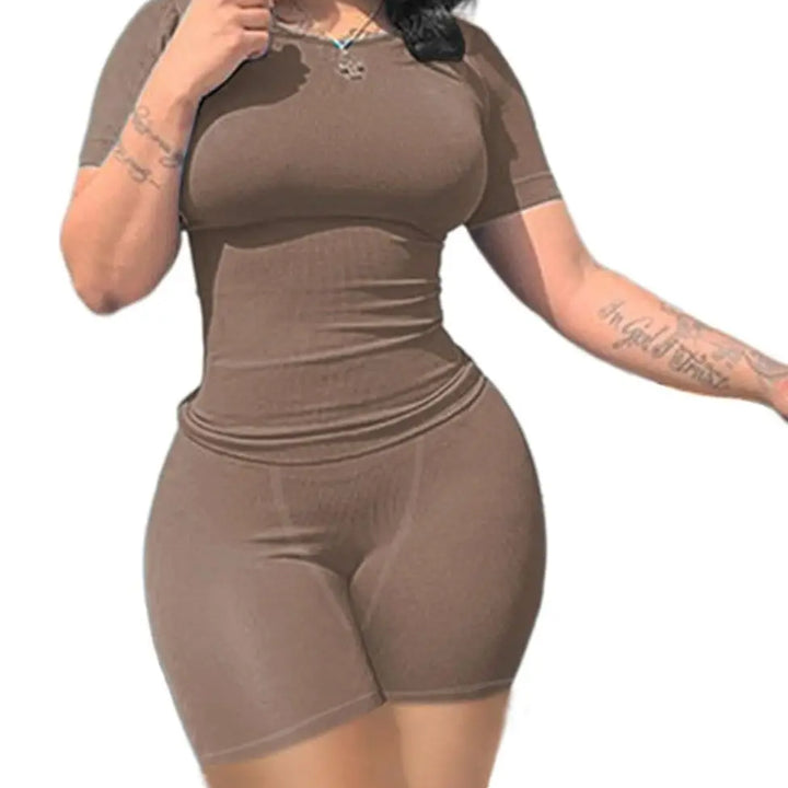 Lounge Wear Ribbed Casual 2 Piece Summer Shorts Set For Somen Short Sleeve Top+Elastic outfits