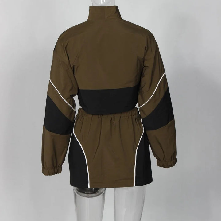 FLARORA Fashion Patchwork 2Pcs Sets Woman Long Sleeve Zipper Irregular Crop Jacket And Skinny Mini Skirts Streetwear Outfits New