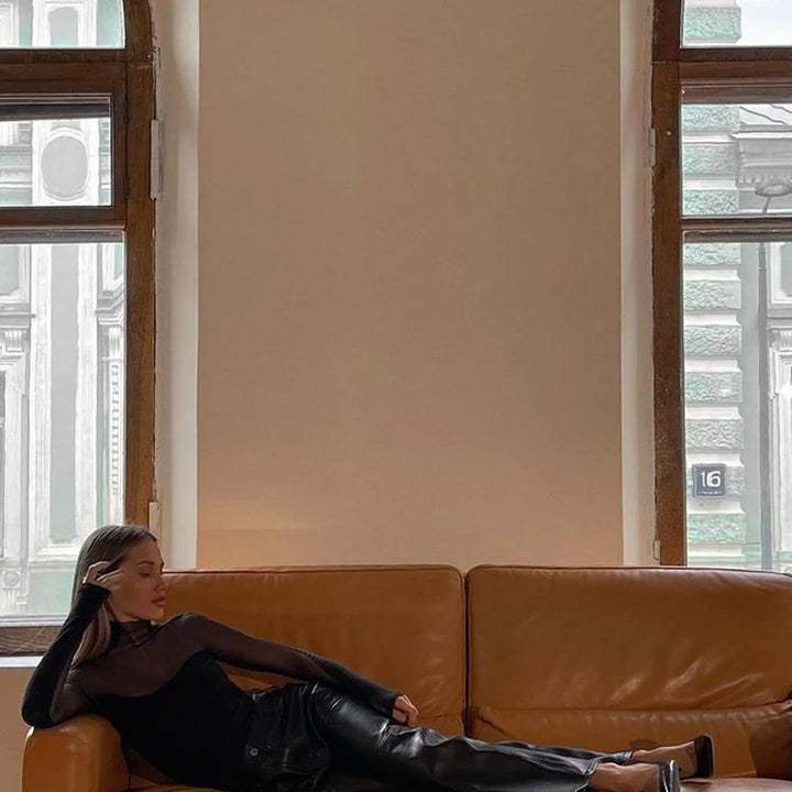 Huhugirl Mesh See Through Skinny Sexy Bodysuits Women Fashion Patchwork Long Sleeve Sheath Rompers Female Jumpsuits Tops Tees