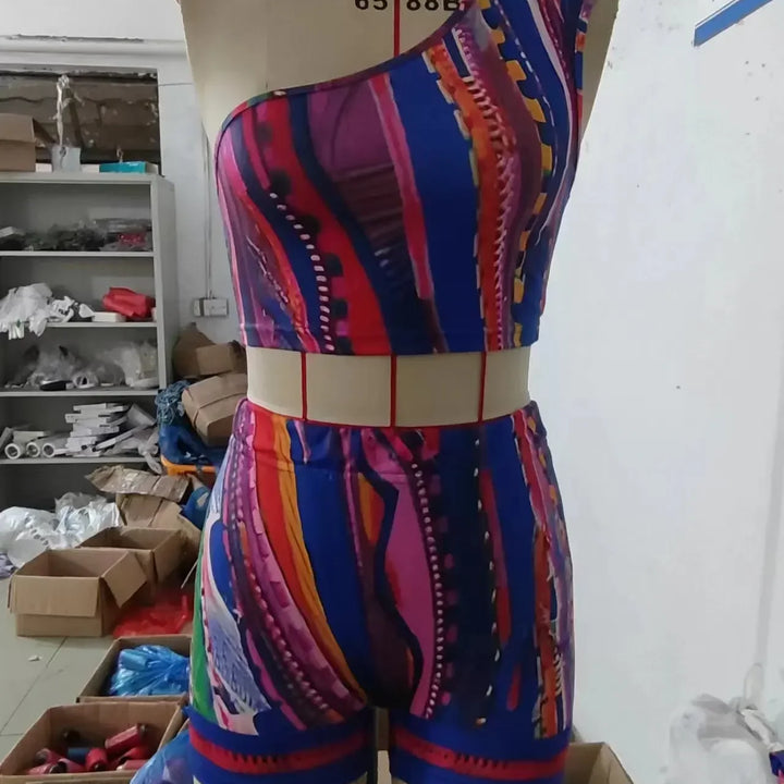 Striped Paisley Print Women's Set One Shoulder Tank Top and Shorts 2024 Summer Fashion Two 2 Piece Set Outfits Tracksuit