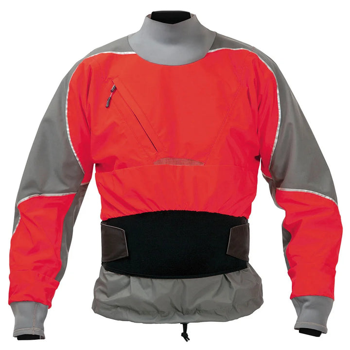 Dry Top With Dual Adjustable Neoprene Outer Skirt, a self-draining Zippered Chest Pocket Latex Wrist and Neck Gaskets