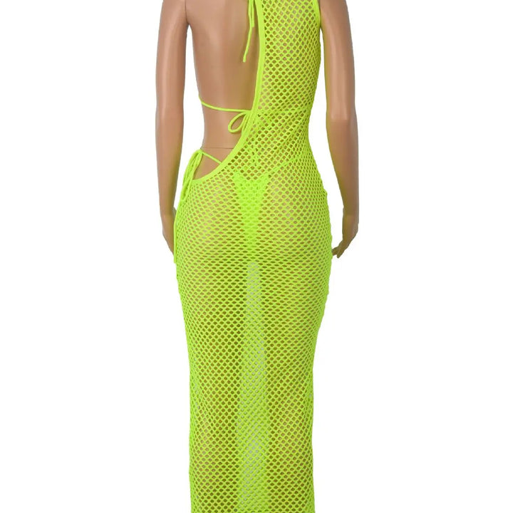 New Women's Classic Clothes Sexy 3 Piece Set Sexy Fishing Net Halter One Shoulder Dress and Bikini Set Beach Dress