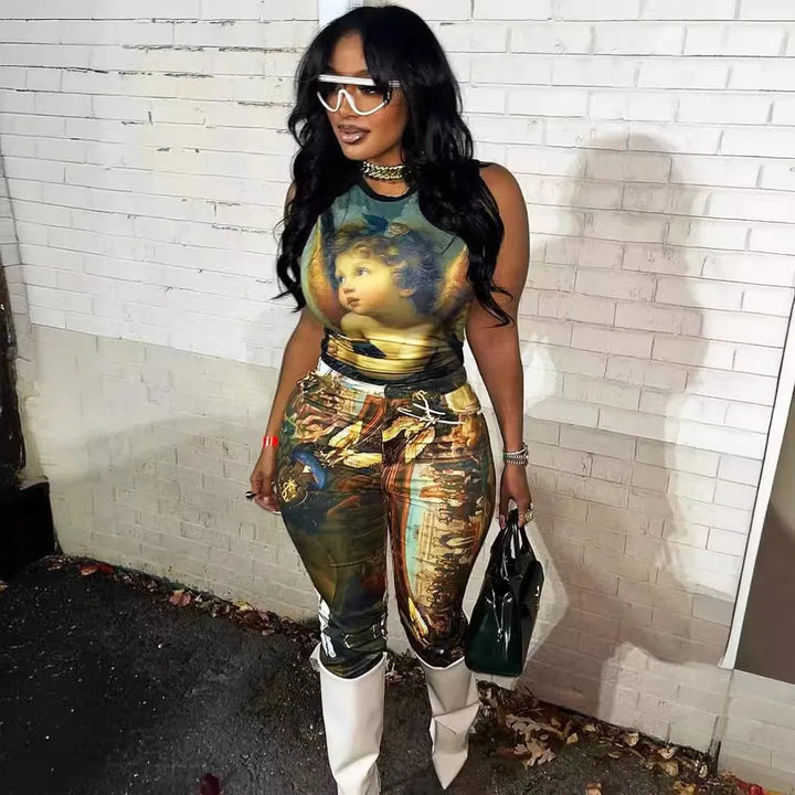 FAGADOER Fashion Print 2 Piece Sets Woman Outfit Oil Painting Sleeveless Crop Top and Pants Female Streetwear Summer Spring New
