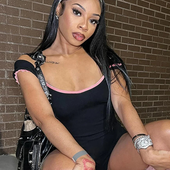 kliou Classic Patchwork Women Playsuits Casual Fashion Lace Trim Square Neck Short Sleeve Stretch Rompers Girls Daily Streetwear