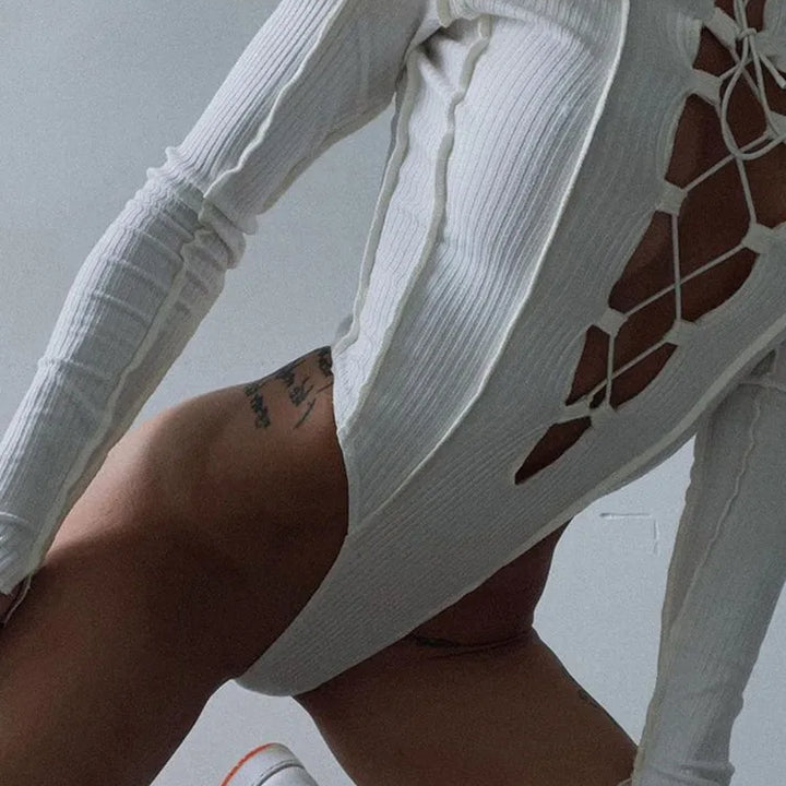 Y2k Women Ribbed Knitted Long Sleeve Tie Up Sexy Bodysuit Bandage Patchwork Bodycon Club Party Body Outfit  Waist jumpsuit Top