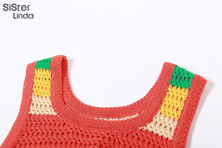 Sisterlinda Colorful Knit Casual 2 Piece Set Women Sleeveless Skinny Stretch Midriff Tank Top+Mini Hip Skirt Matching Streetwear