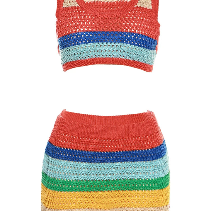 Sisterlinda Colorful Knit Casual 2 Piece Set Women Sleeveless Skinny Stretch Midriff Tank Top+Mini Hip Skirt Matching Streetwear